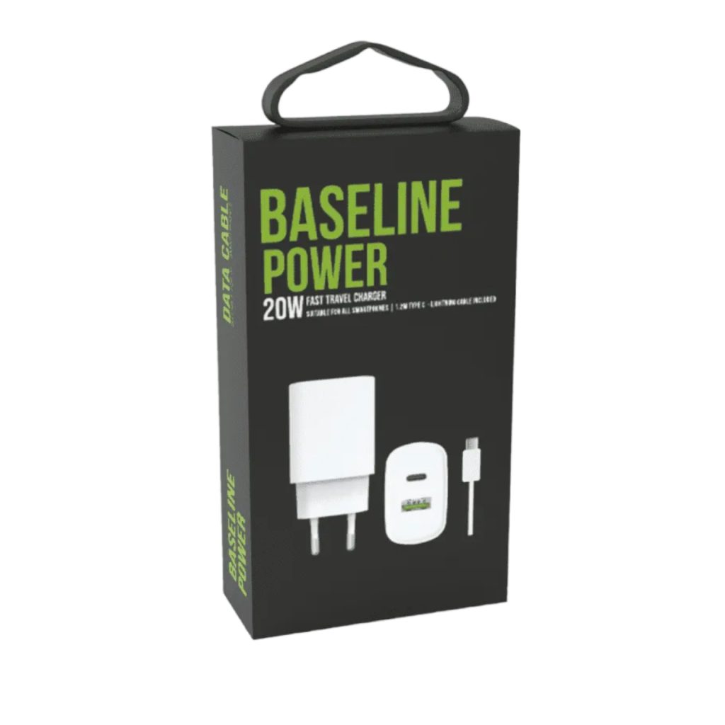 מטען מהיר 20W + כבל Type-C 1.2 מטר ושקע וכבל מבית Baseline Power